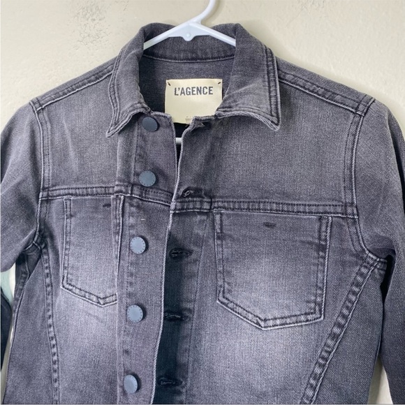 L'Agence XS Grey Jean Jacket Lace Up Crop Denim Blazer Distressed Black Wash - Picture 7 of 16